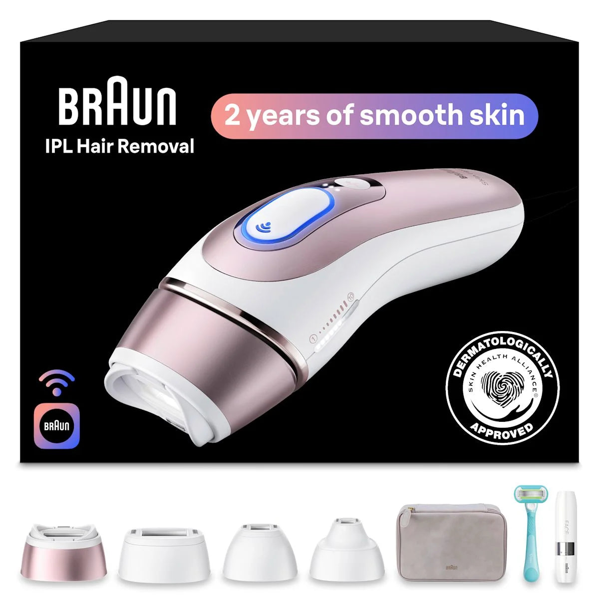 Braun Smart IPL, Skin i·Expert Pro 7: At Home Alternative to Laser Hair Removal with 4 Caps, Facial Hair Trimmer, and Leather Pouch, IPL7219