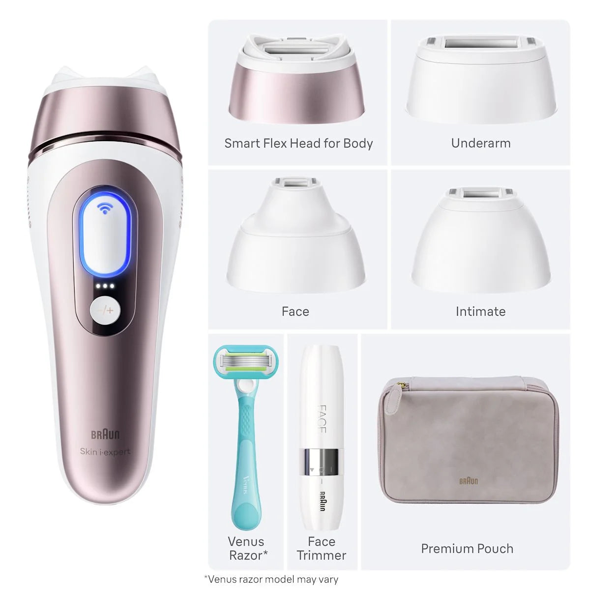 Braun Smart IPL, Skin i·Expert Pro 7: At Home Alternative to Laser Hair Removal with 4 Caps, Facial Hair Trimmer, and Leather Pouch, IPL7219